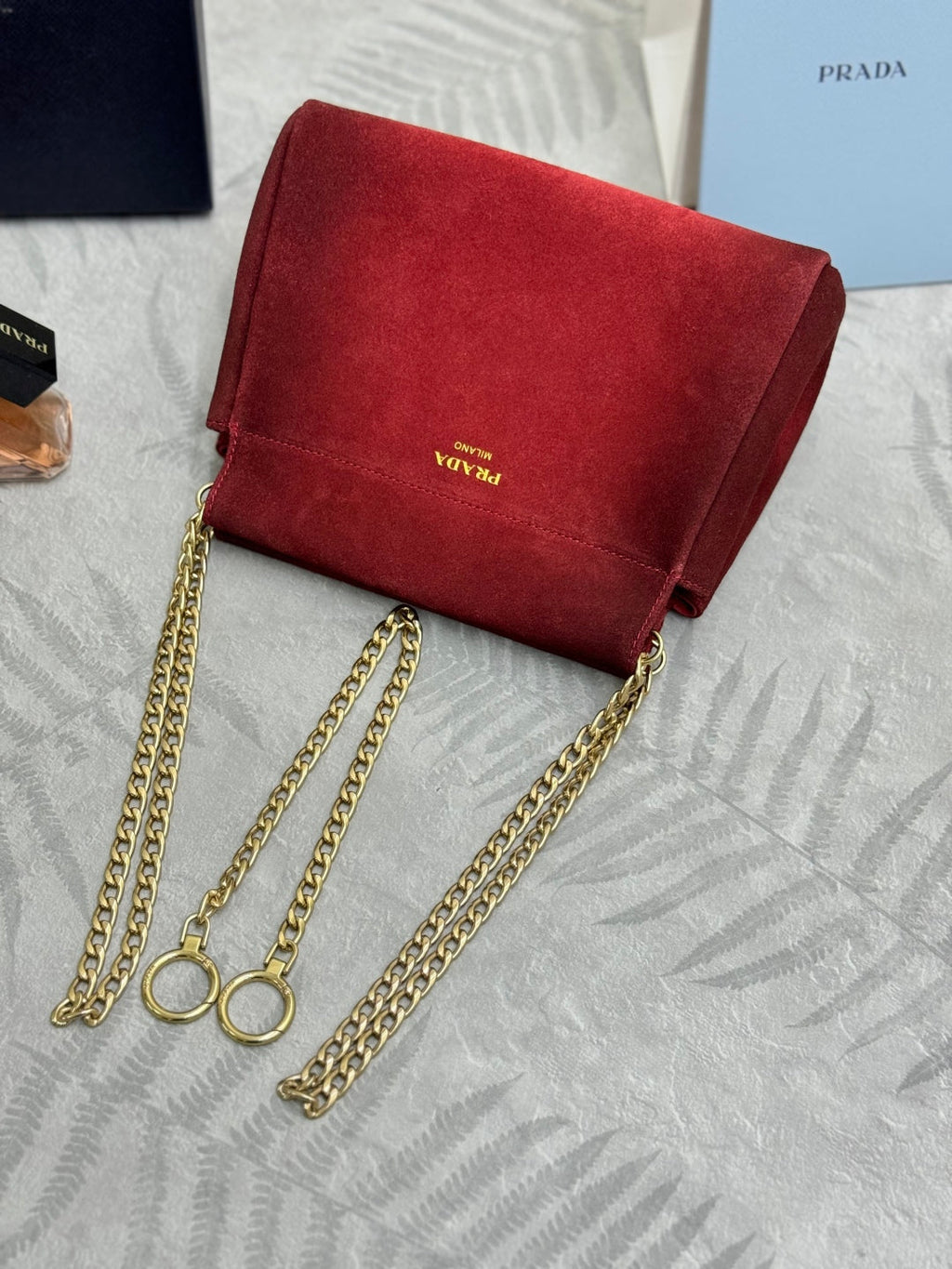 PRADA 25S ENCHAINE MINI BAG 22 IN RUBY RED SUEDE GOLD HARDWRE