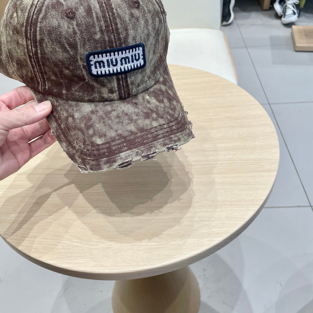 MM DISTRESSED FABRIC BASEBALL CAP IN BROWN WITH EMBROIDERED LOGO
