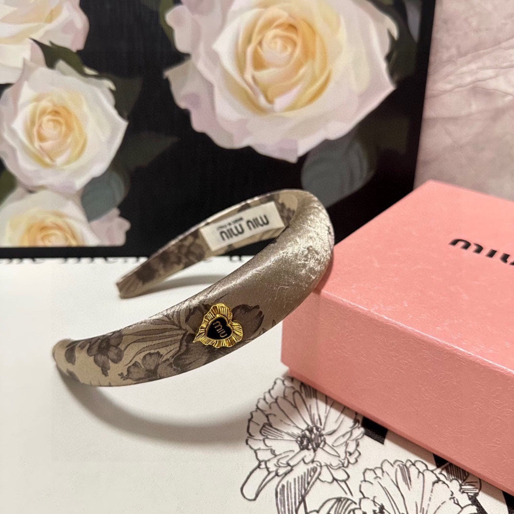 SILK THICK HEADBAND DARK BEIGE FLOWER PRINT 239960